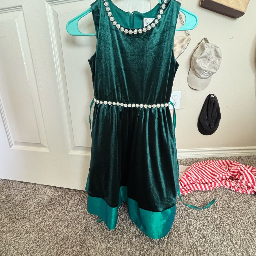 Emerald Green Velvet Dress with Pearl Accents